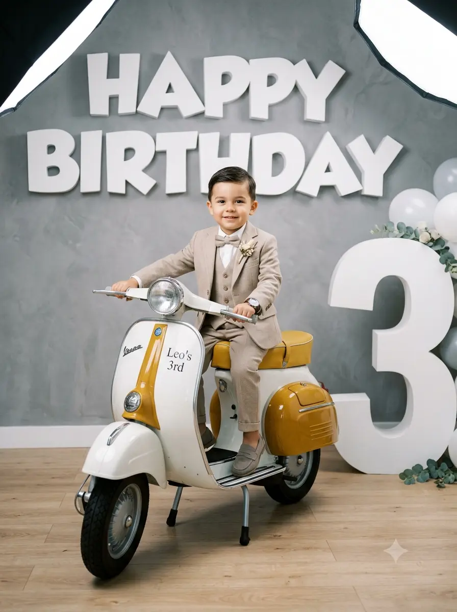 HAPPY BIRTHDAY vintage white and mustard-yellow Vespa scooter